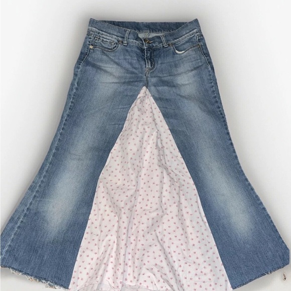 Upcycled United Colors Of Benetton Denim Skirt Pink Floral Fabric 30in Waist - Picture 12 of 13